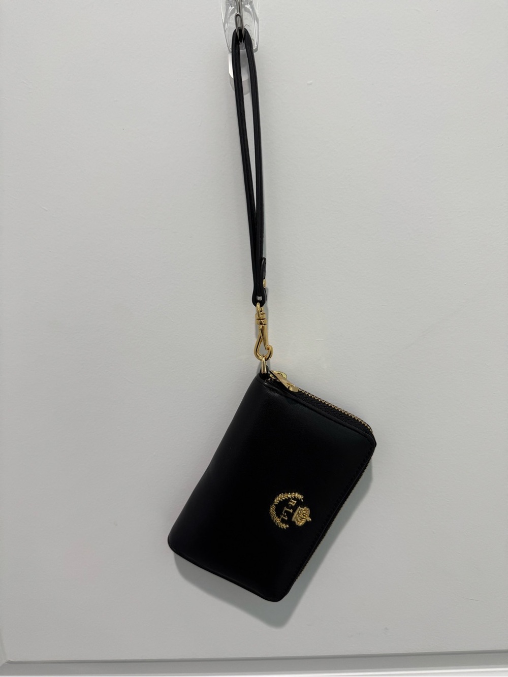 Vintage Lauren Ralph Lauren black leather crown crest zip wristlet wallet NWT